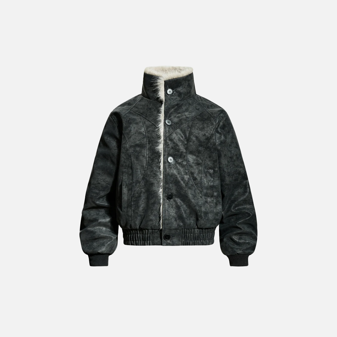 Retro Spliced Turn Down Collar Fur Leather Jacket - Luxuryurbanwear