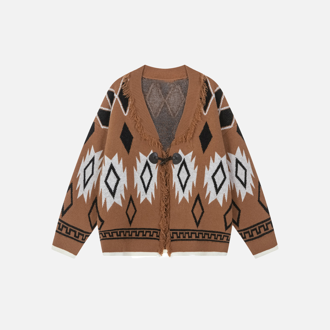 Fashionable V-Neck Jacquard Tassel Cardigan - Luxuryurbanwear