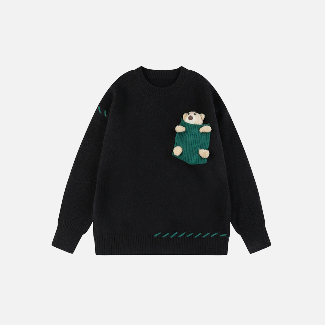 Y2K Cozy Bear Pocket Knitted Sweater - Luxuryurbanwear