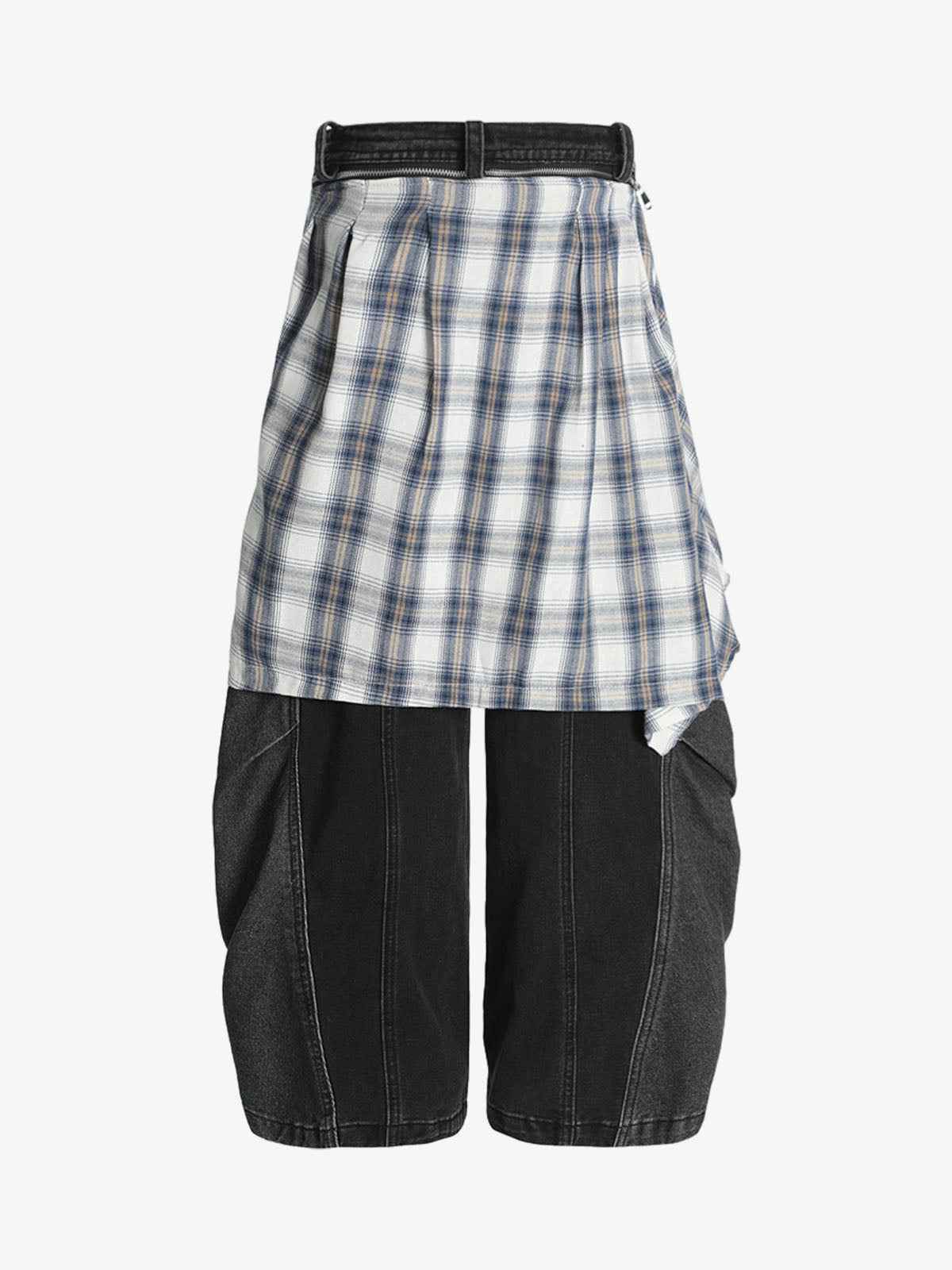 Denim Faux Two-piece Plaid Detachable Scimitar Jeans - 2435