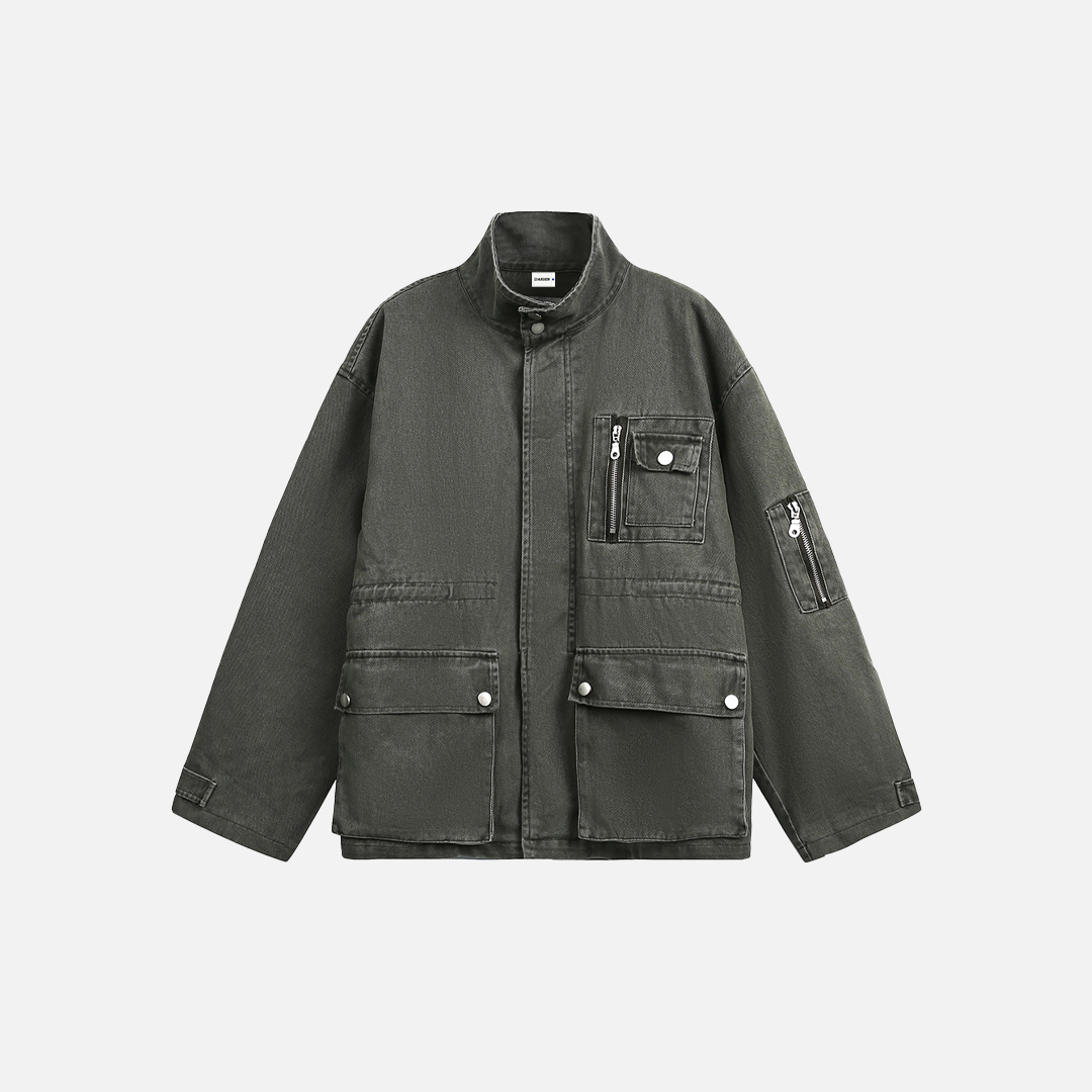 Spring Multi-Pocket Washed Workwear Denim Jacket - Luxuryurbanwear
