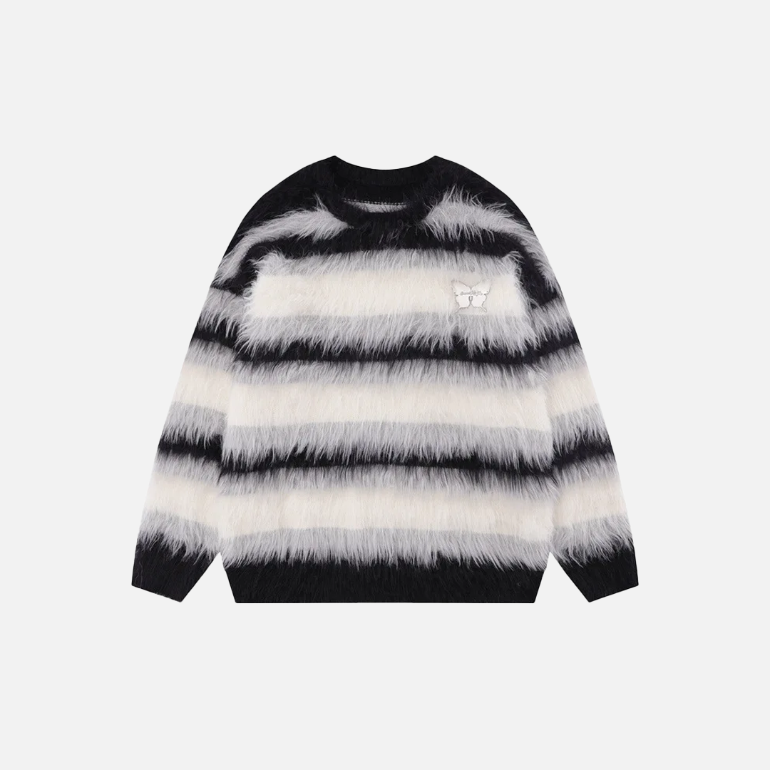 Streetwear Striped Knit Butterfly Pin Sweater - Luxuryurbanwear