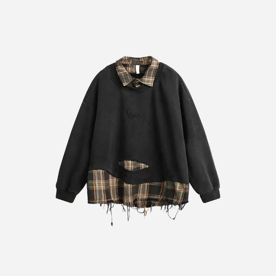 Embroidery Spliced Long Sleeve Ripped Sweatshirt - Luxuryurbanwear
