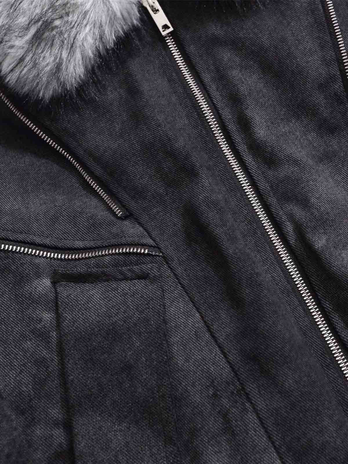Fur Collar Moto-Style Zip Up Bomber Jacket - Luxuryurbanwear