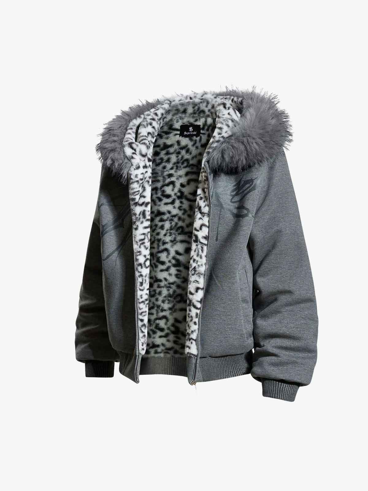 Vintage Faux Fur Hoodedd Leopard Lined Graphic Bomber Jacket