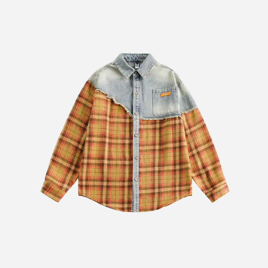 Autumn Plaid Distressed Denim Long Sleeve Shirt - Luxuryurbanwear