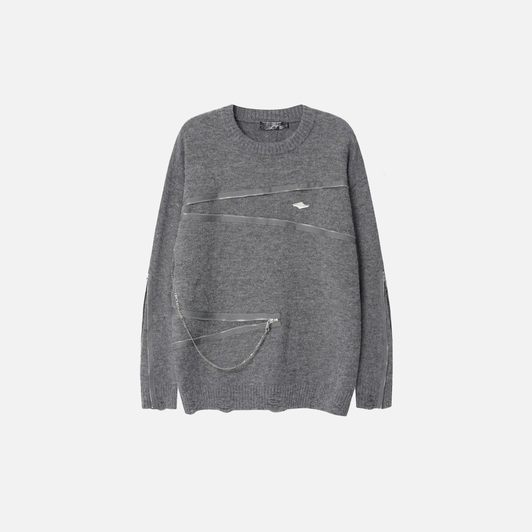 Streetwear Distressed Chain Detail Zipper Knit Sweater - Luxuryurbanwear