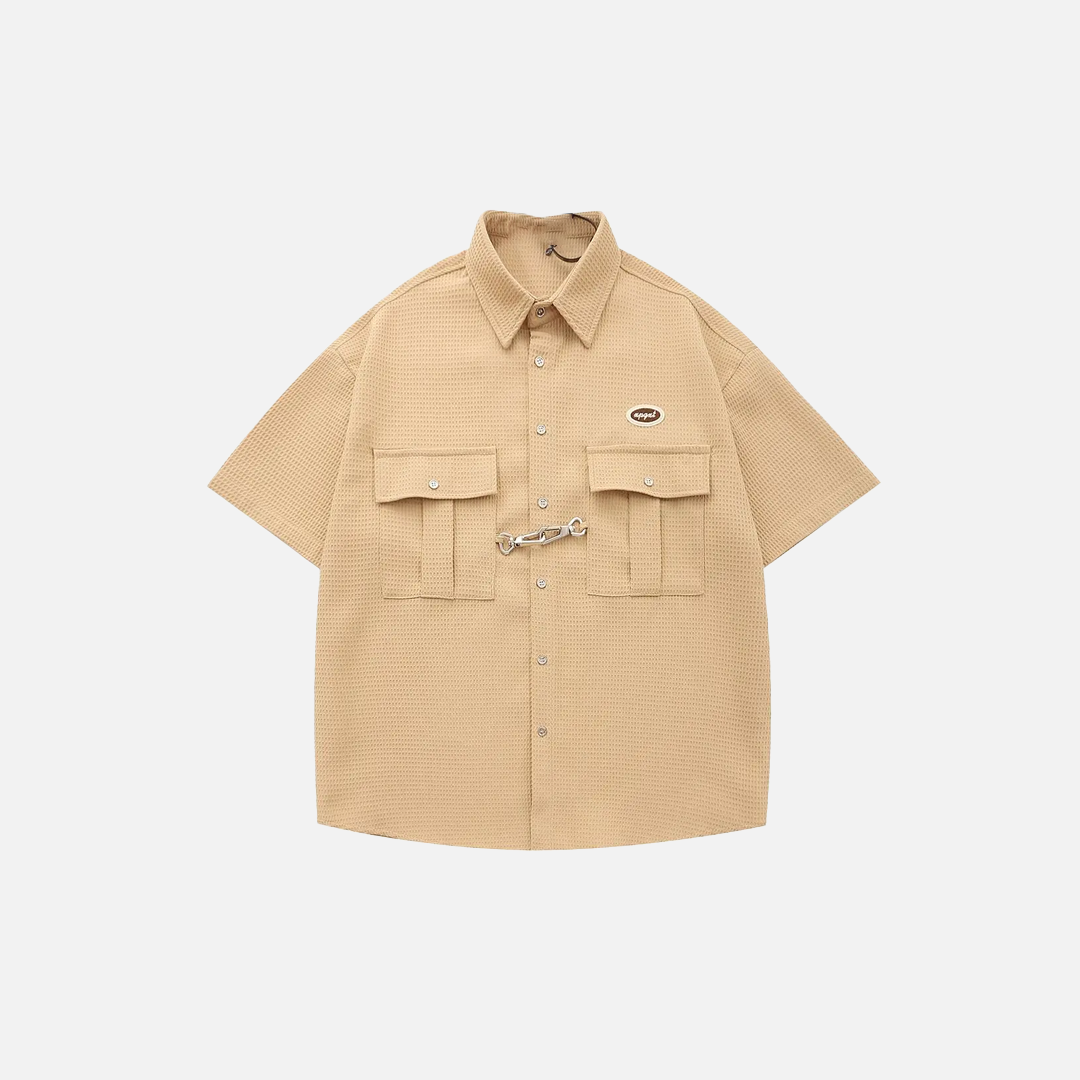 Elevated Retro Waffle Hip Hop Lapel Short Sleeve Shirt - Luxuryurbanwear