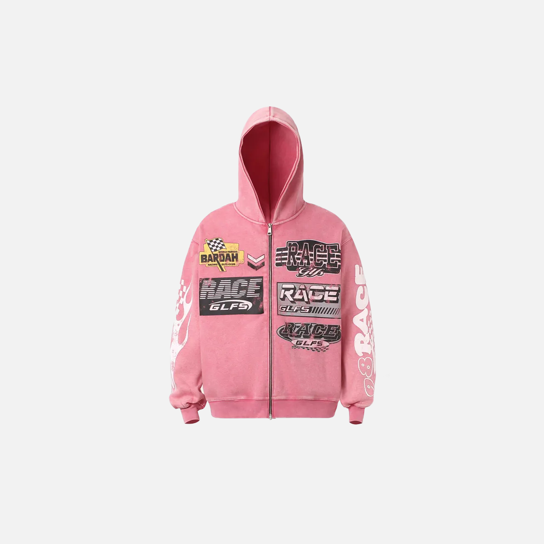 Streetwear Distressed Zip-Up Hooded Race Sweatshirt - Luxuryurbanwear