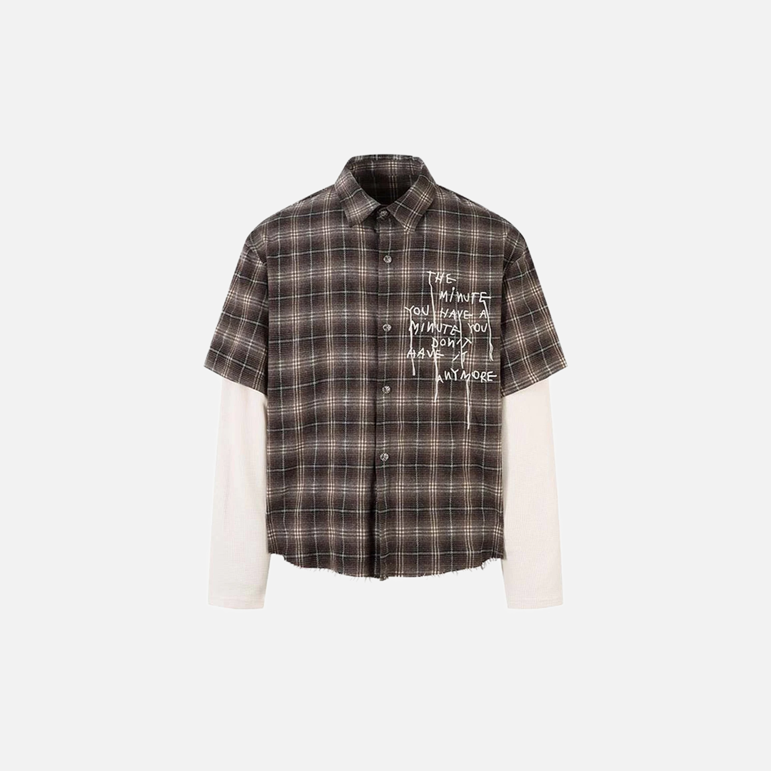 Plaid Loose Long Sleeve Fake Two Piece Button-Up Shirt - Luxuryurbanwear
