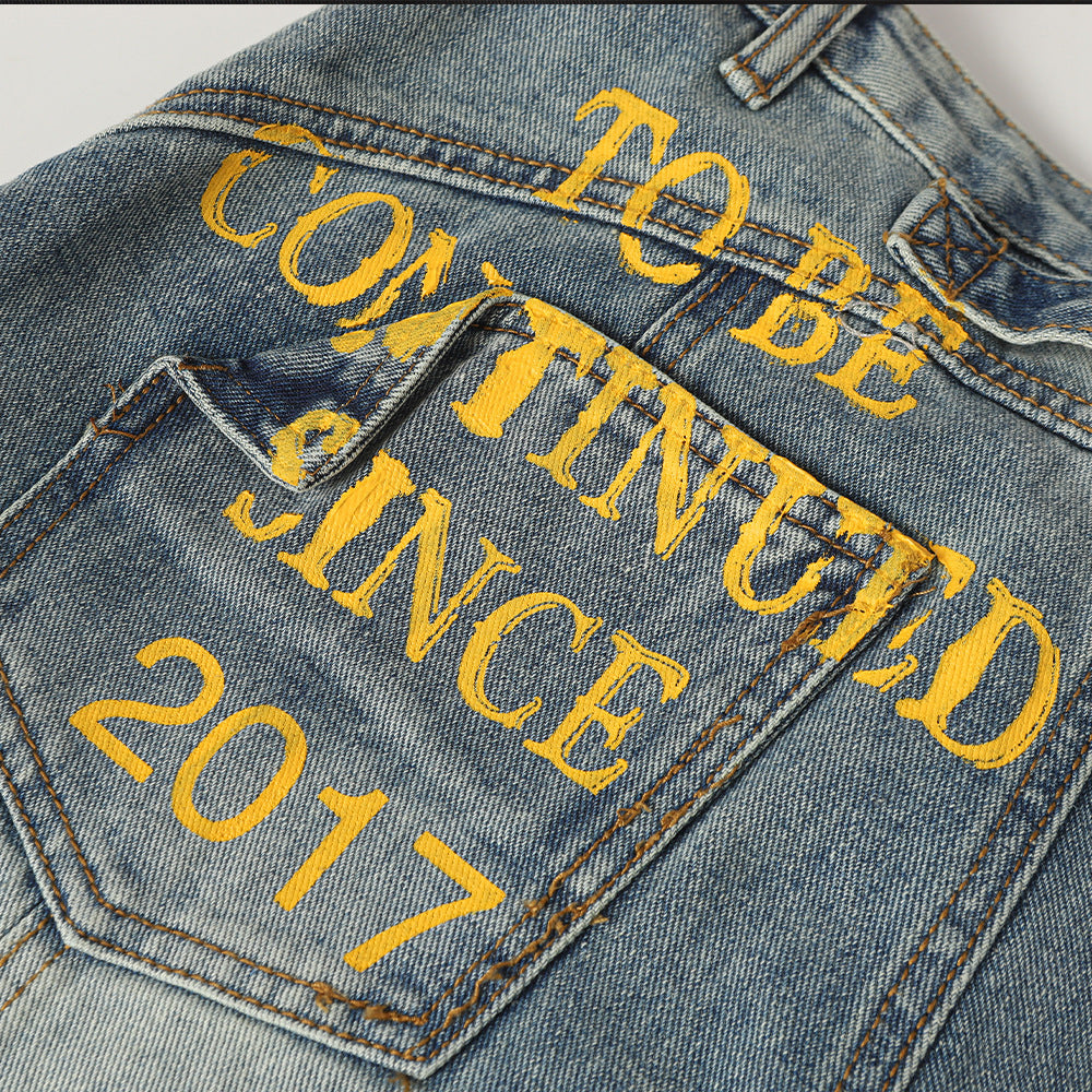 LUW Letter Printed Curved Knife Jeans S002 - Luxuryurbanwear