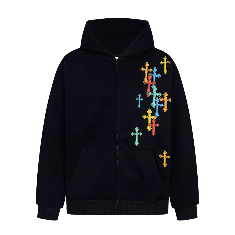 Colorful Cross Patch | Zip-Up Hoodie - Luxuryurbanwear