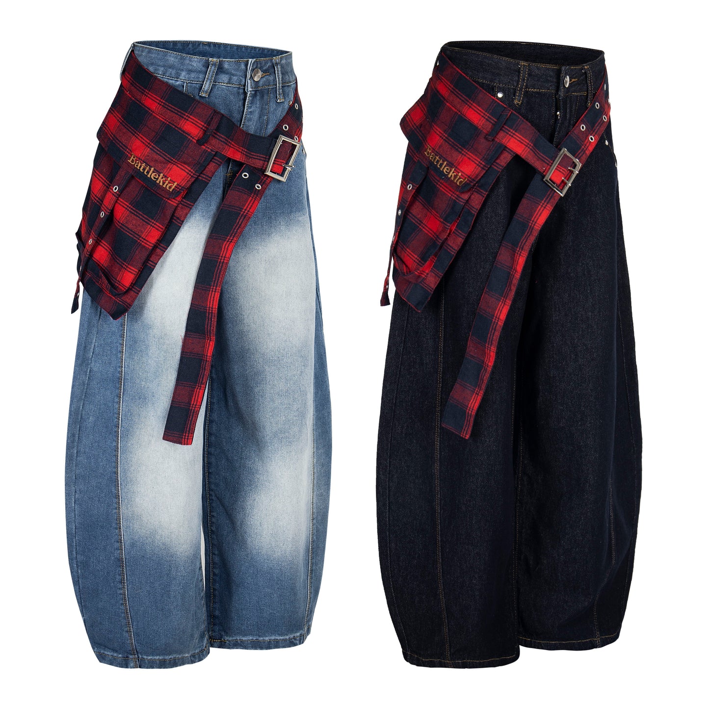 Plaid Reign | Wide-Leg Denim Trousers with Flannel Accent - Luxuryurbanwear