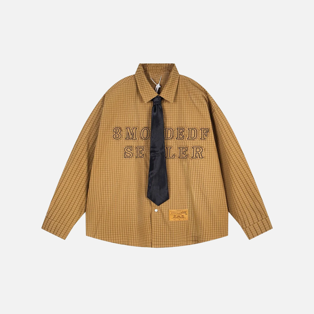 Retro Plaid Embroidered With Tie Long Sleeve Shirt - Luxuryurbanwear