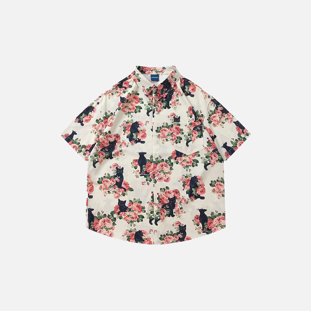 Streetwear Black Cat Floral Cool Button-Up Shirt - Luxuryurbanwear