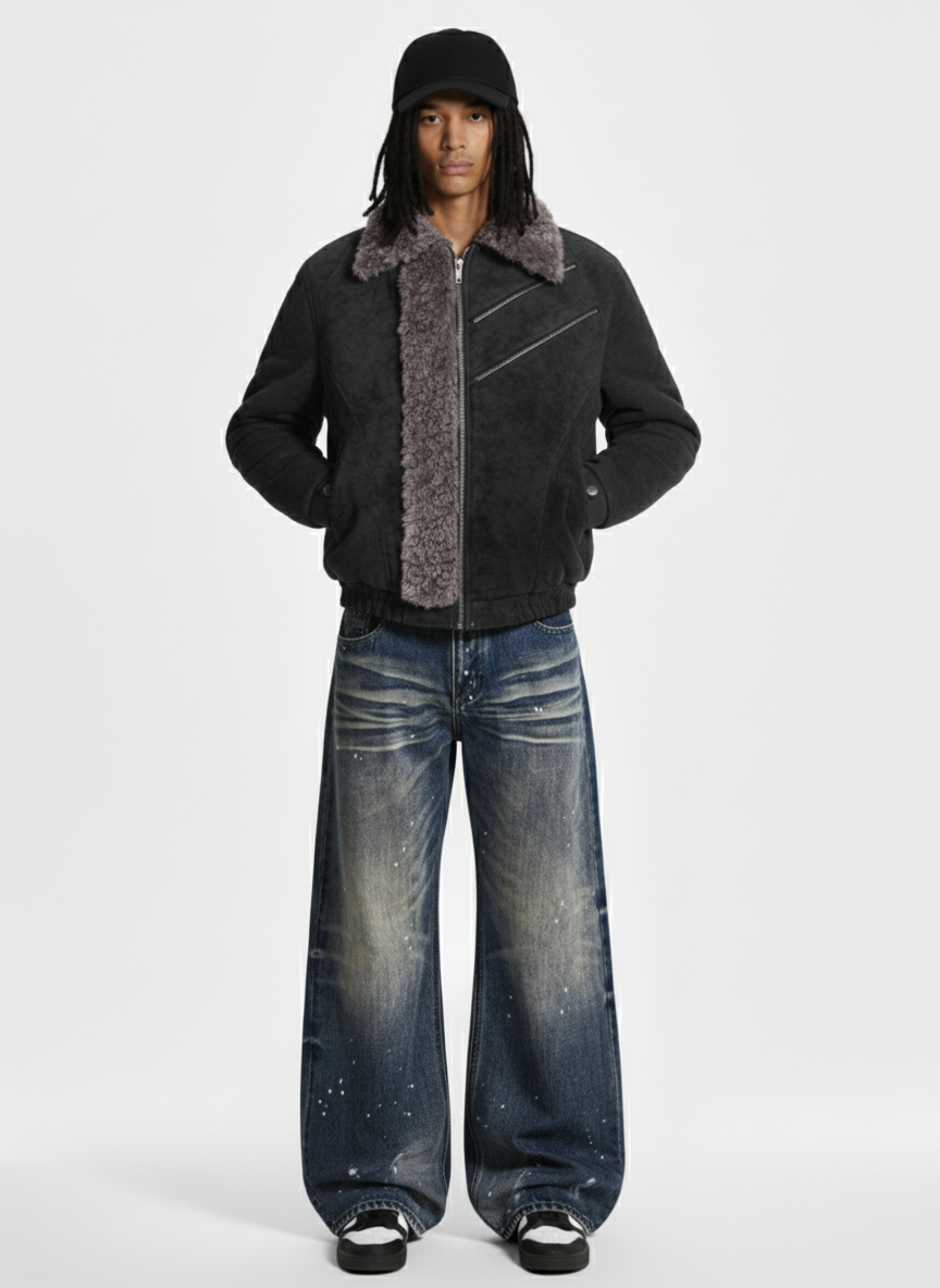 Retro Suede Texture Shearling Collar Fleece Bomber Jacket - Luxuryurbanwear