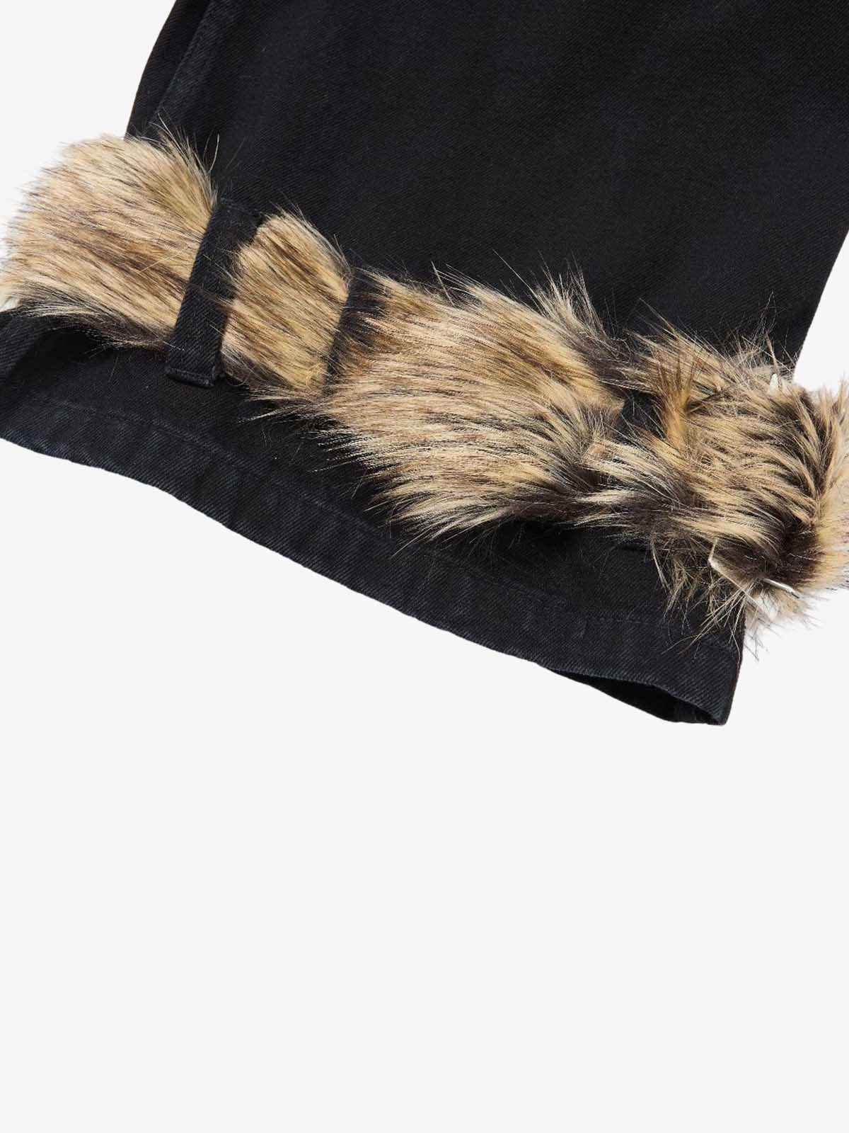 Faux Fur Trim Detail Multi-Pocket Wide Leg Cargo Jeans
