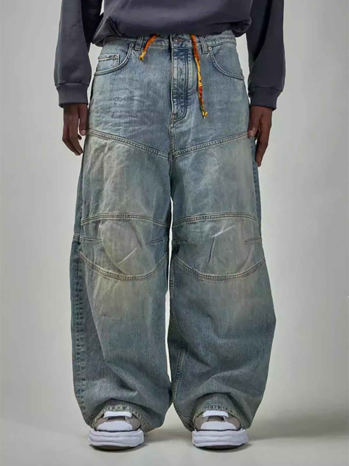 Distressed Contrast Drawstring Knee-Length Jeans
