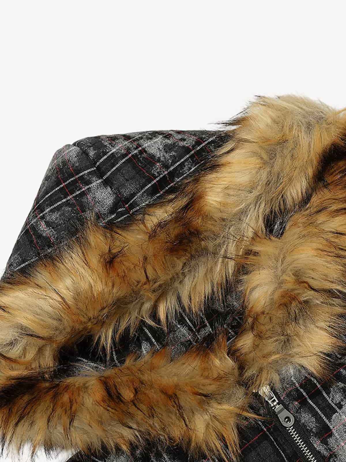 Retro Distressed Plaid Faux Fur Collar Padded Jacket