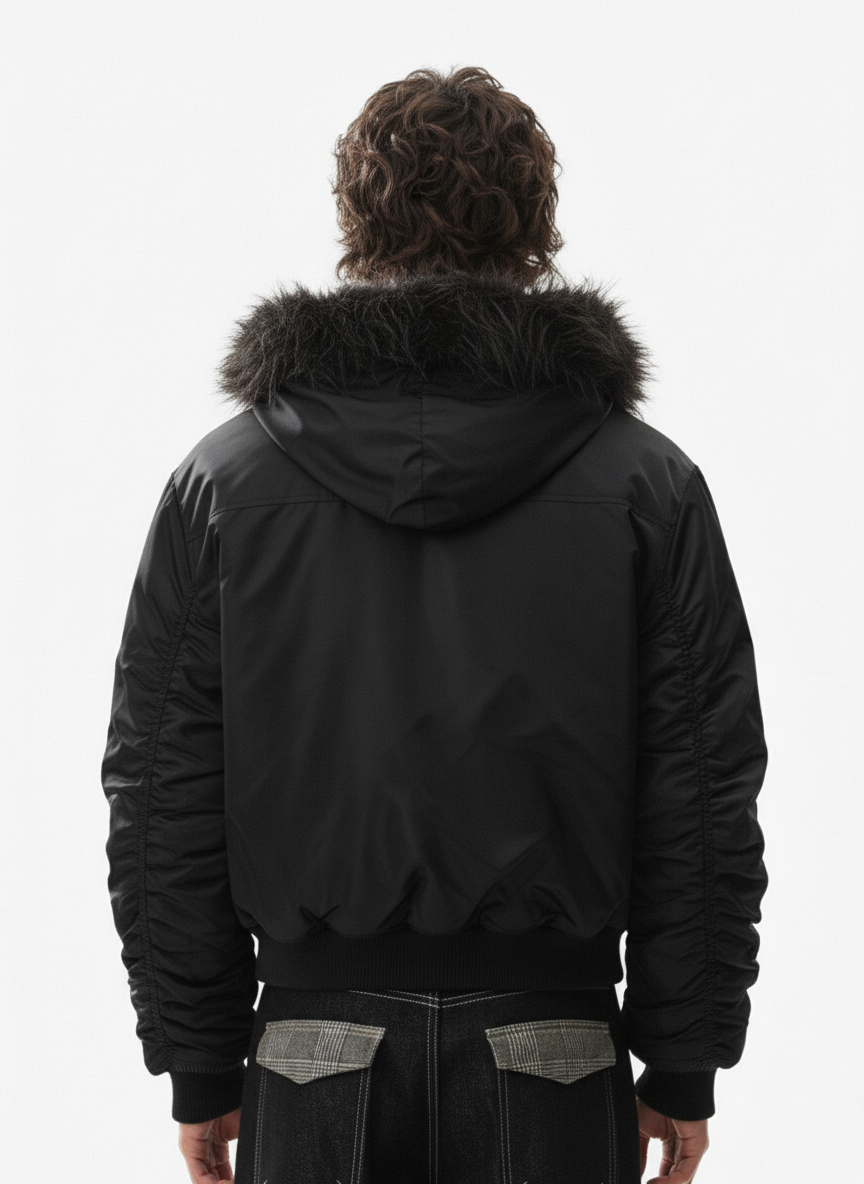 Detachable Faux Fur Collar Ruched Sleeve Bomber Jacket - Luxuryurbanwear