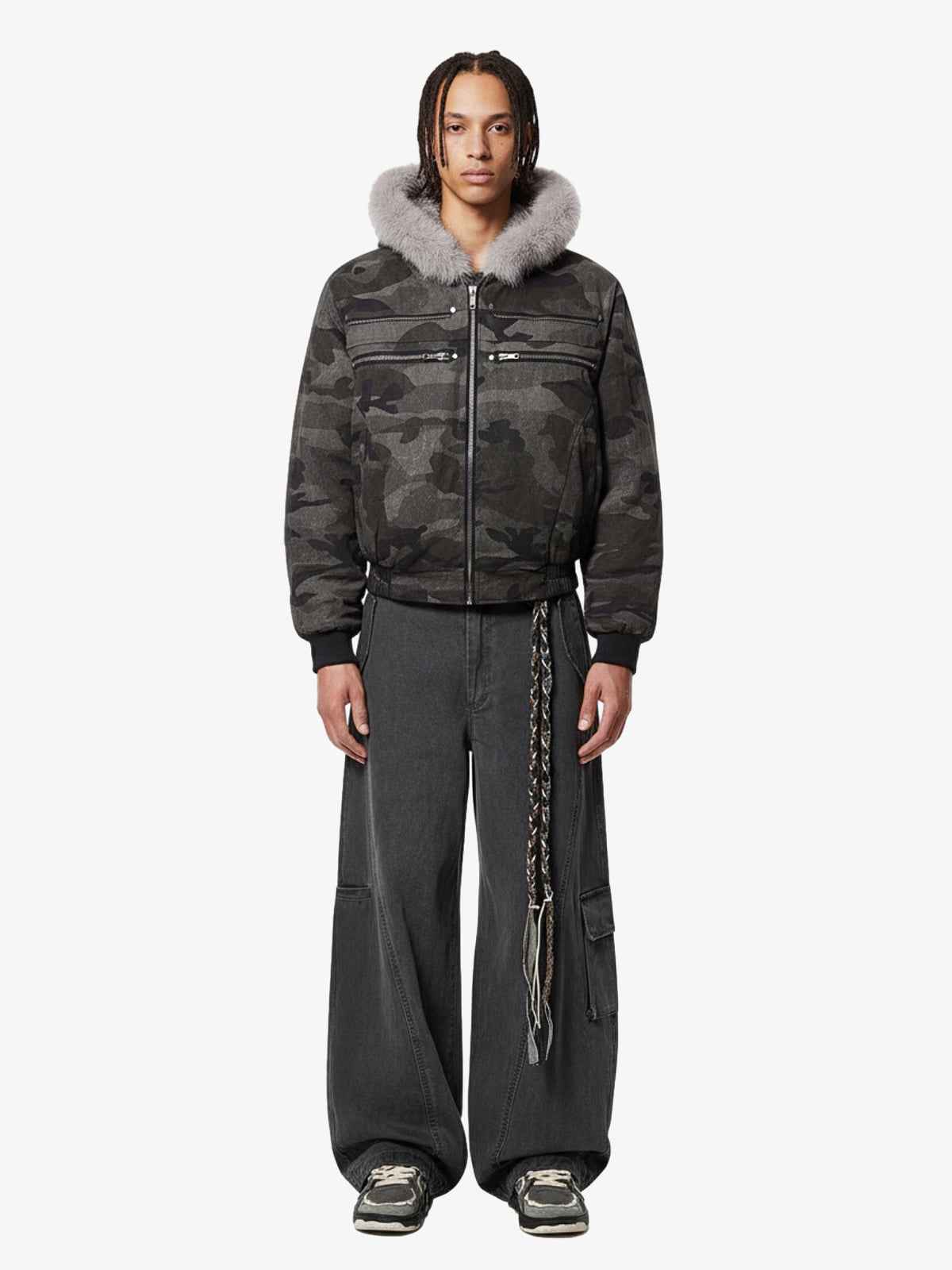 Vintage Camo Faux Fur Hood Padded Bomber Jacket