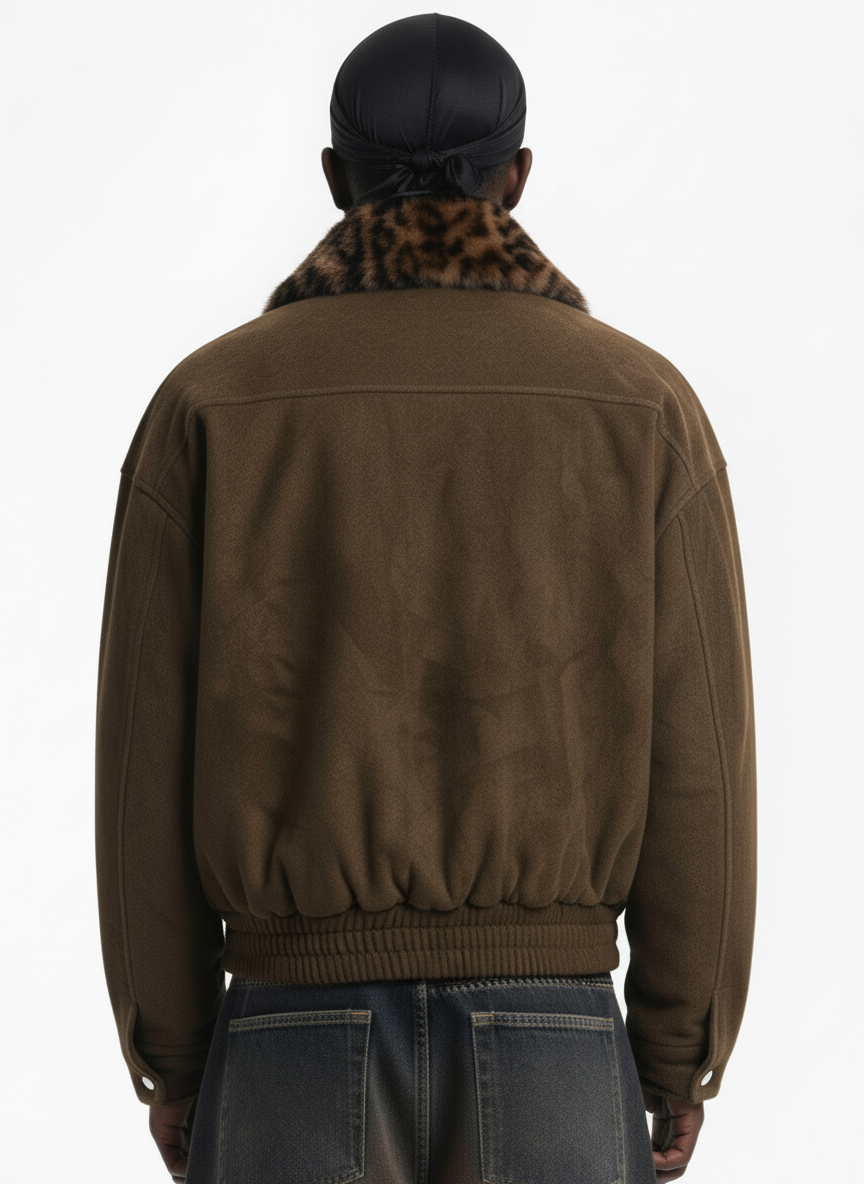 Retro Leopard Fur Collar Padded Bomber Jacket - Luxuryurbanwear