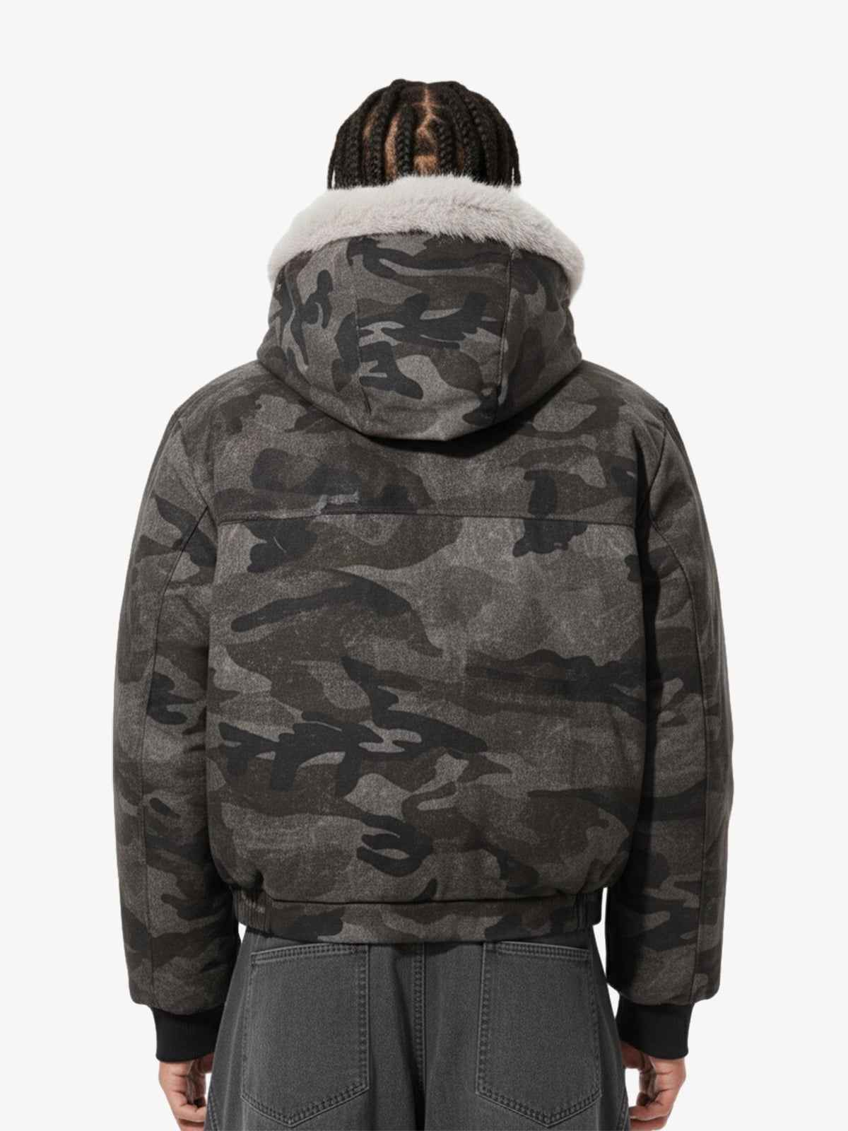 Vintage Camo Faux Fur Hood Padded Bomber Jacket