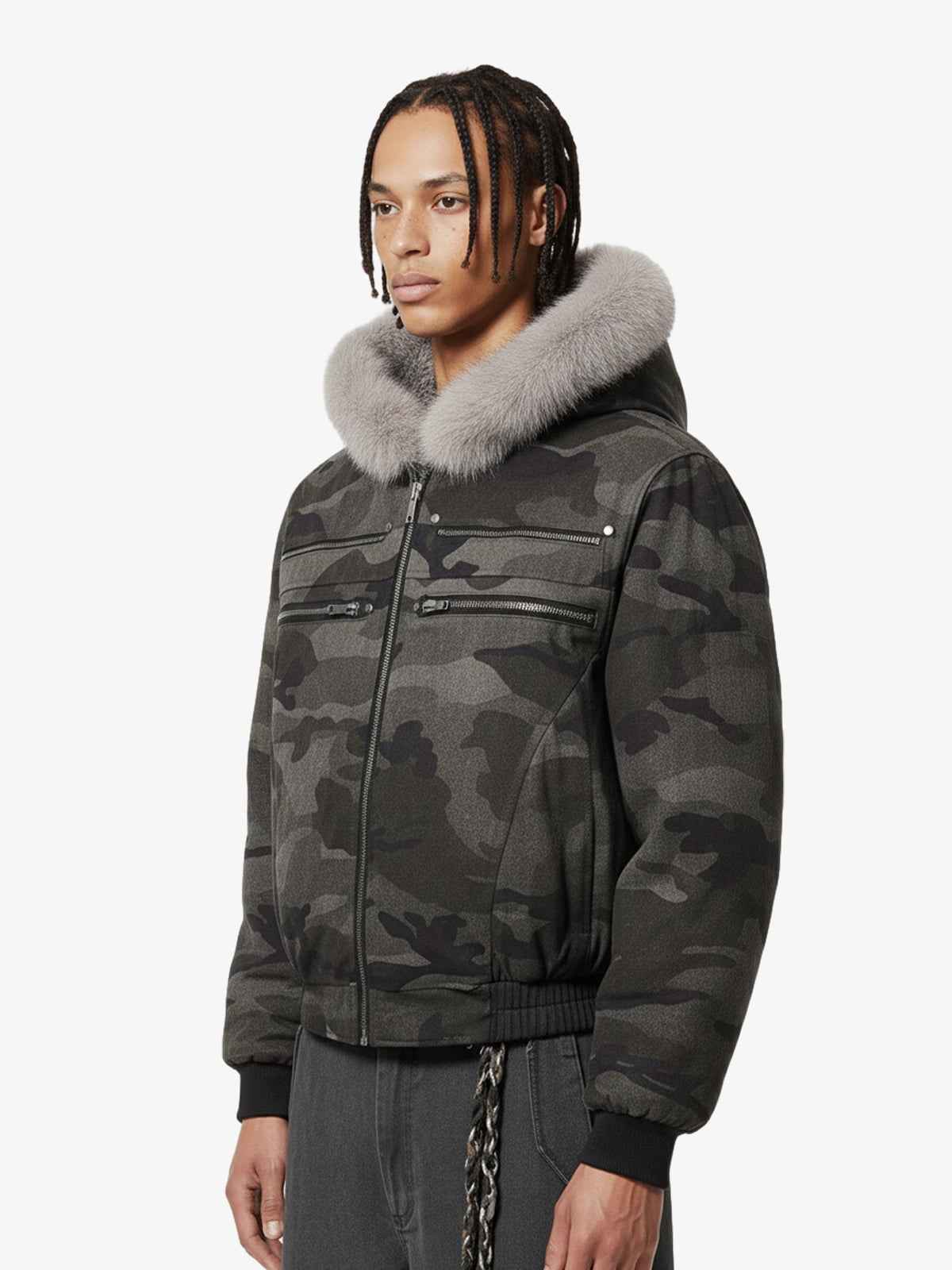 Vintage Camo Faux Fur Hood Padded Bomber Jacket