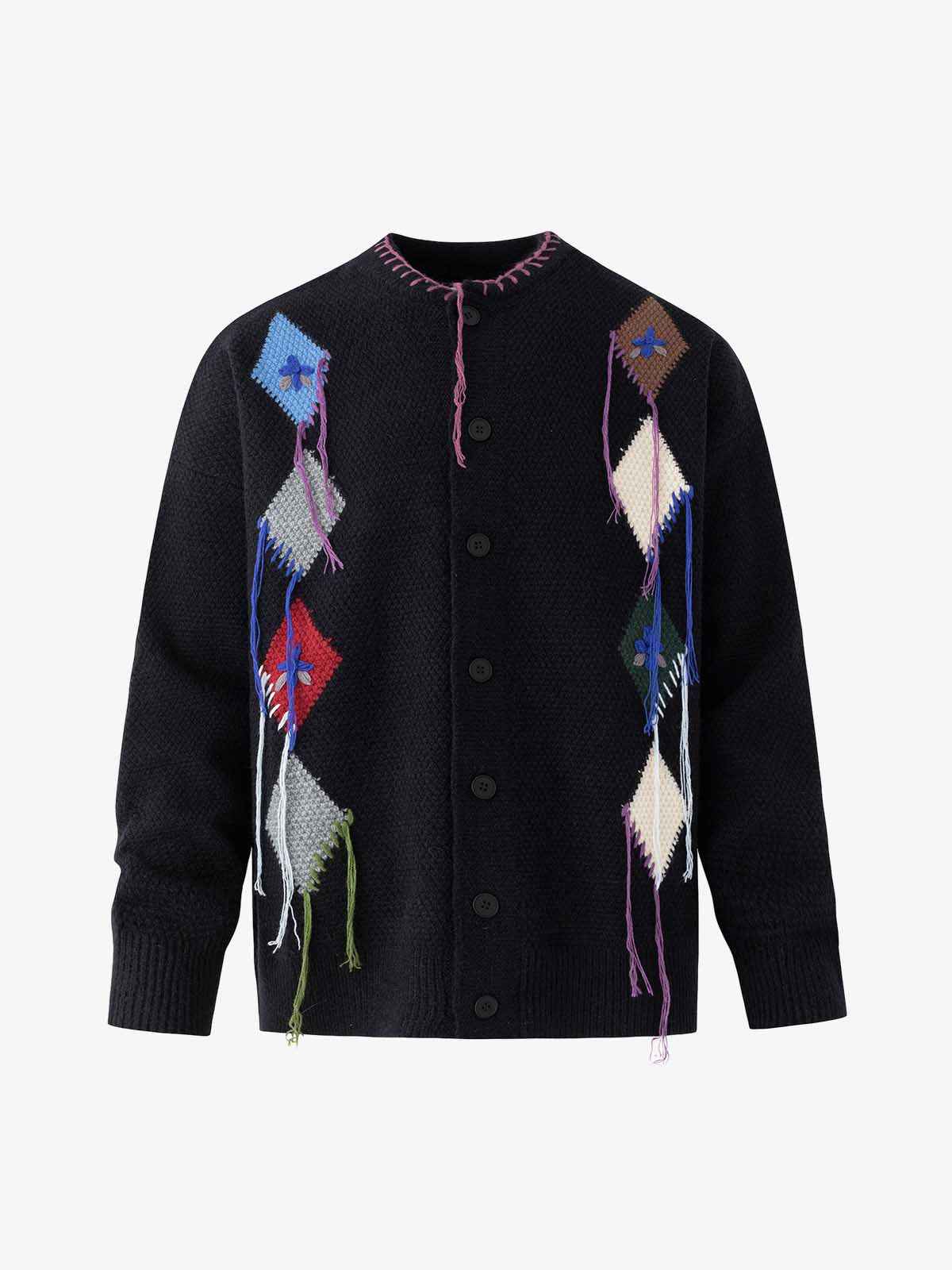 Vintage Patchwork Diamond Knit Fringe Button-Up Cardigan