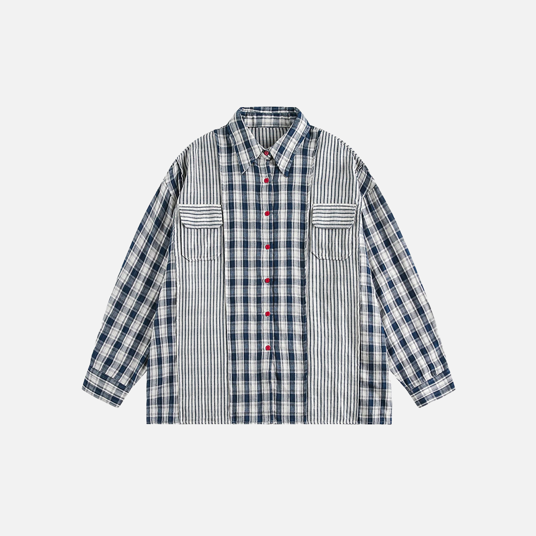 Effortless Retro Patchwork Plaid Long Sleeve Shirt - Luxuryurbanwear
