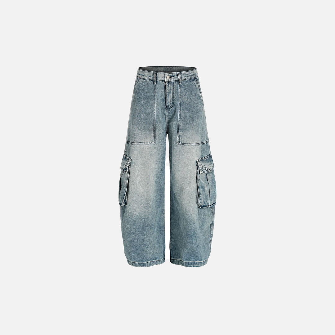 Streetwear Distressed Multi Pocket Wide Leg Denim Jeans - Luxuryurbanwear