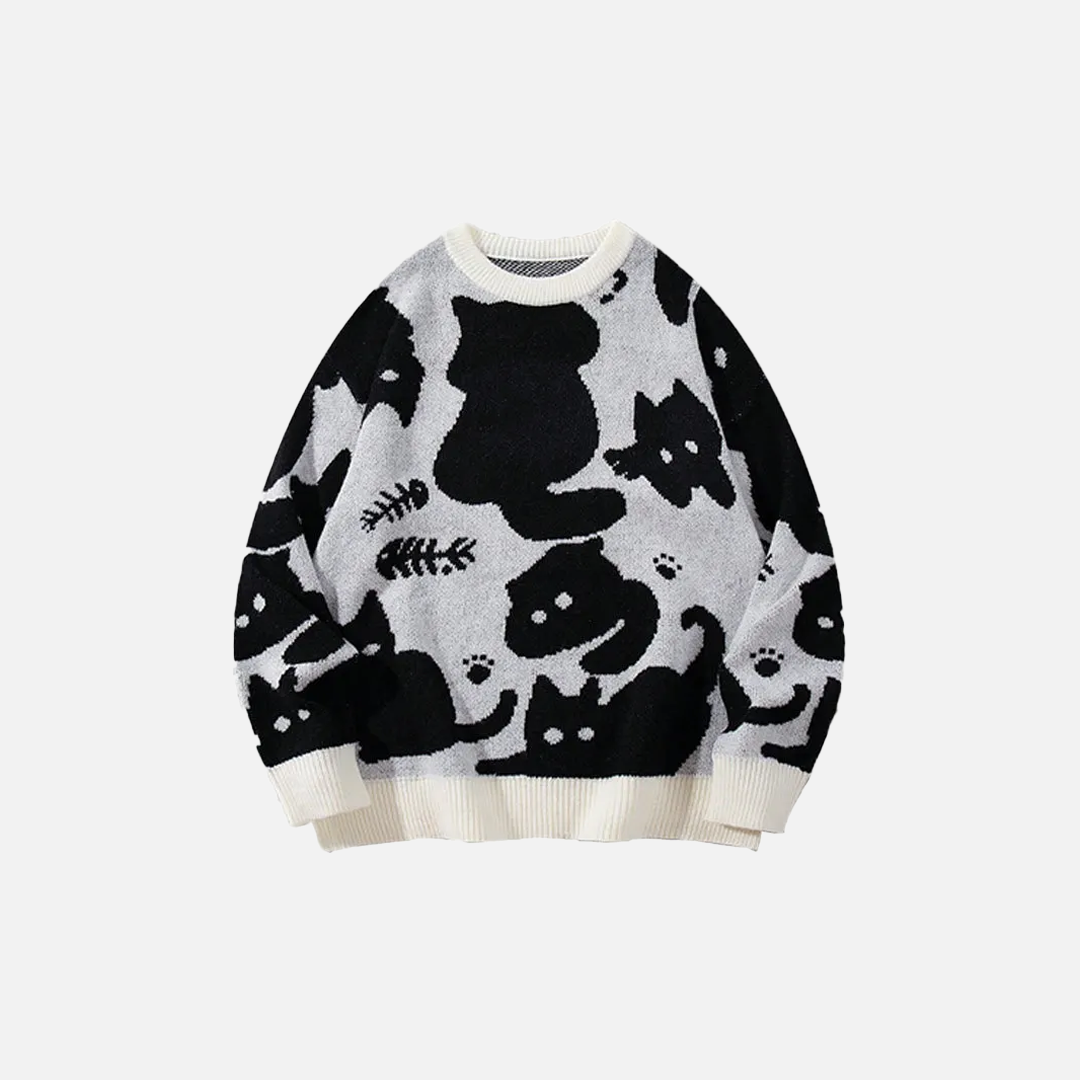 Breathable Black Cat Cartoon Knit Sweater - Luxuryurbanwear