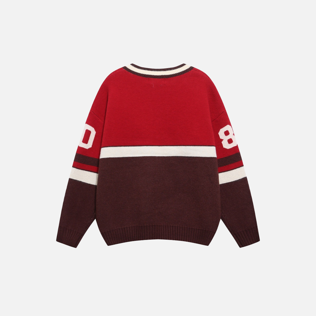 Y2K Contrast Color Stitching V Neck Racing Sweater - Luxuryurbanwear