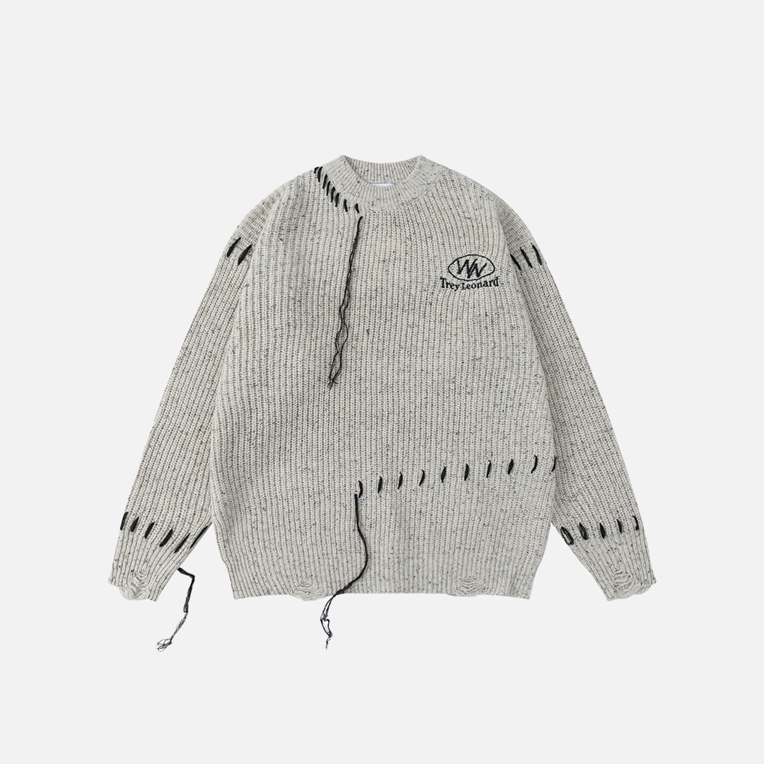 Trendy Embroidered Letter Stitch Rip Crewneck Sweater - Luxuryurbanwear
