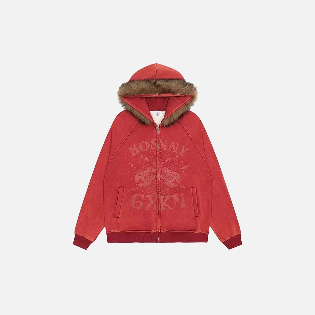 Men Distressed Rock Print Furr Hooded Sweatshirt - Luxuryurbanwear