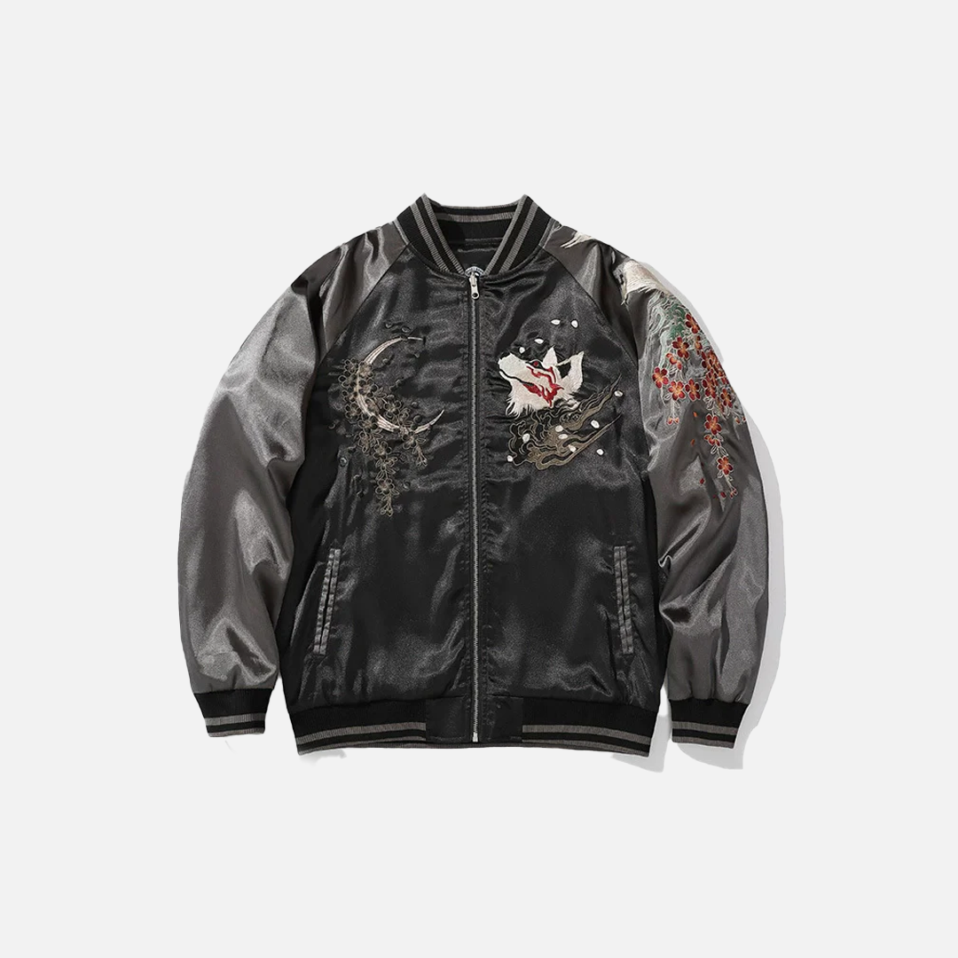Streetwear Floral Fox Embroidered Loose Varsity Jacket - Luxuryurbanwear