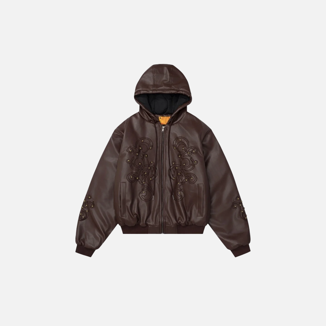 Retro Rivets Embroidery PU Leather Hooded Jacket - Luxuryurbanwear