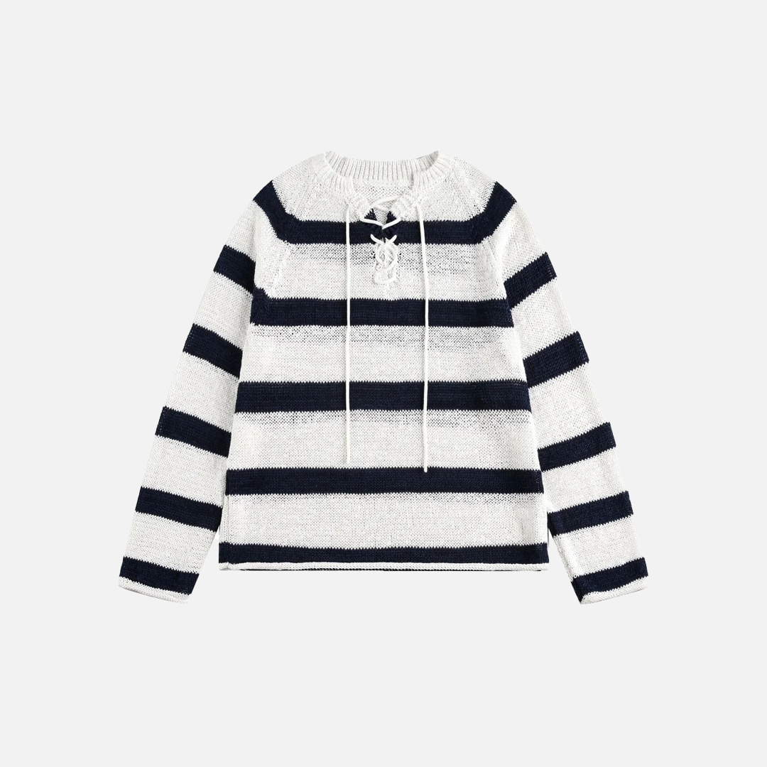 Y2K Plush Striped Lace Up Knitted Sweater - Luxuryurbanwear