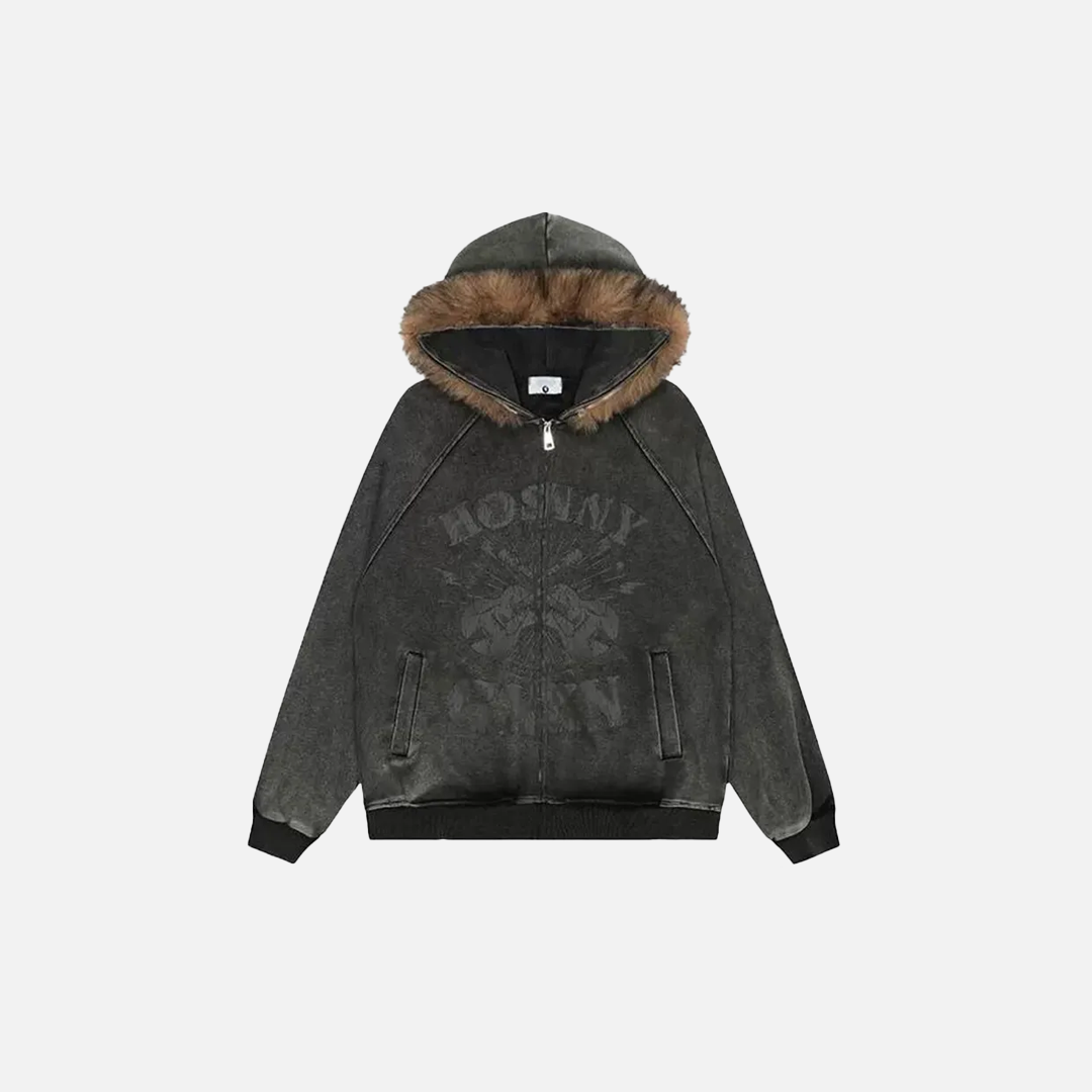 Men Distressed Rock Print Furr Hooded Sweatshirt - Luxuryurbanwear