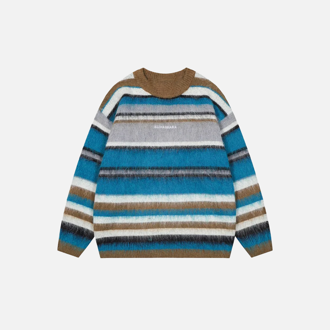 Rainbow Fluffy Oversized Striped Fuzzy Sweater - Luxuryurbanwear