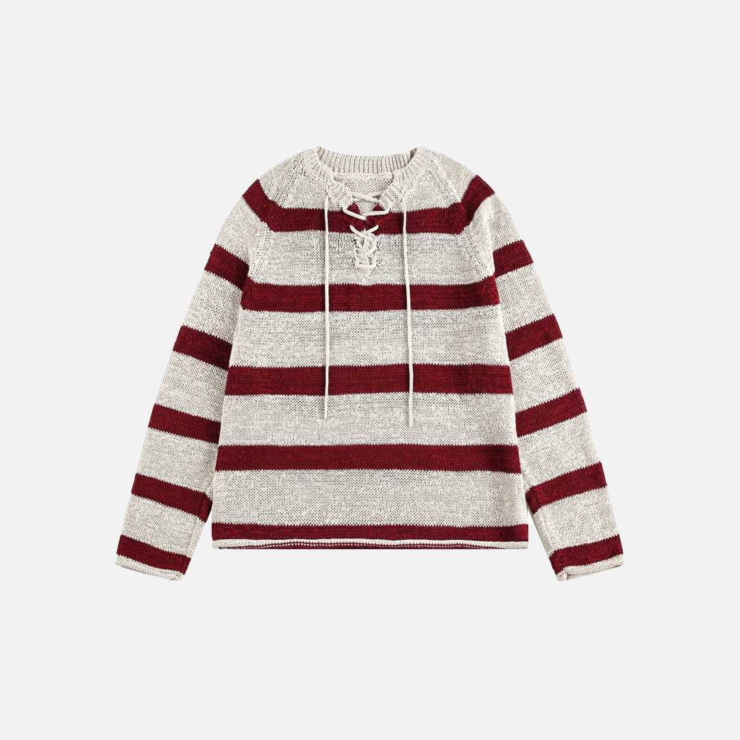 Y2K Plush Striped Lace Up Knitted Sweater - Luxuryurbanwear