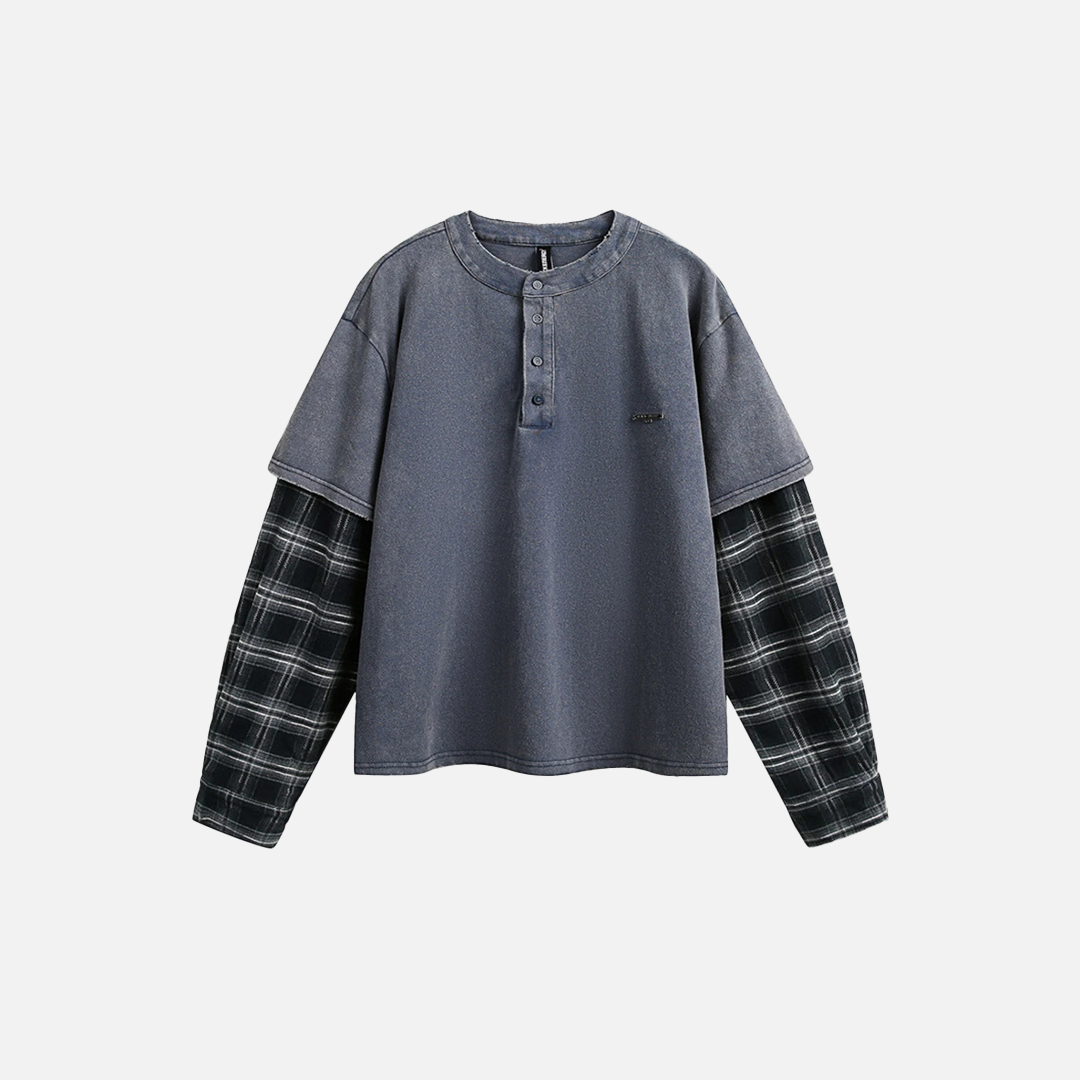 Plaid Patchwork Fake Two-Piece Long Sleeve T-Shirt - Luxuryurbanwear