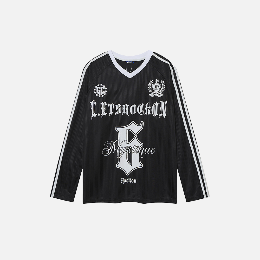 Gothic Print Long Sleeve V-Neck Polyester T-Shirt - Luxuryurbanwear
