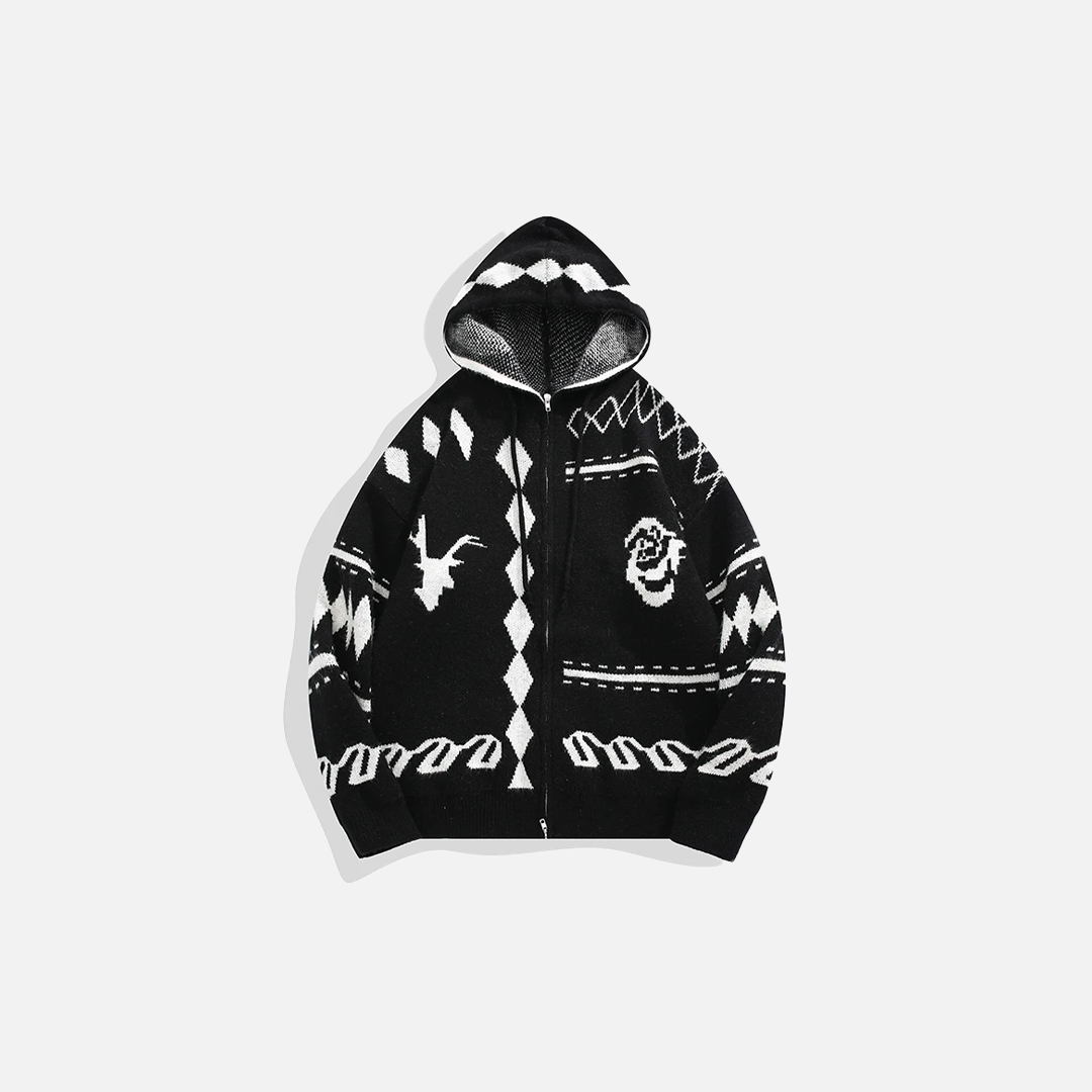 Cozy Retro Jacquard Zipper Hooded Cardigan - Luxuryurbanwear