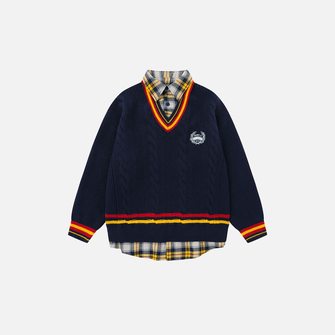 Oversized Varsity Patchwork Double Layers Knit Sweater - Luxuryurbanwear