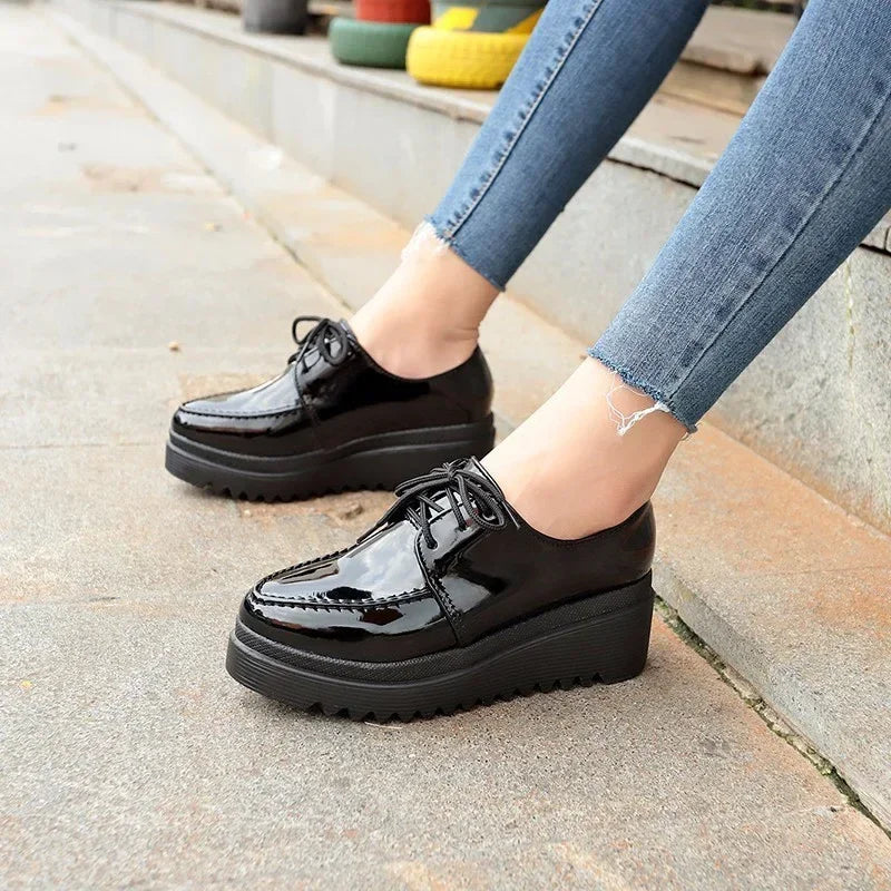 Women Oxford Lace Up Platform Shoes Black - Luxuryurbanwear