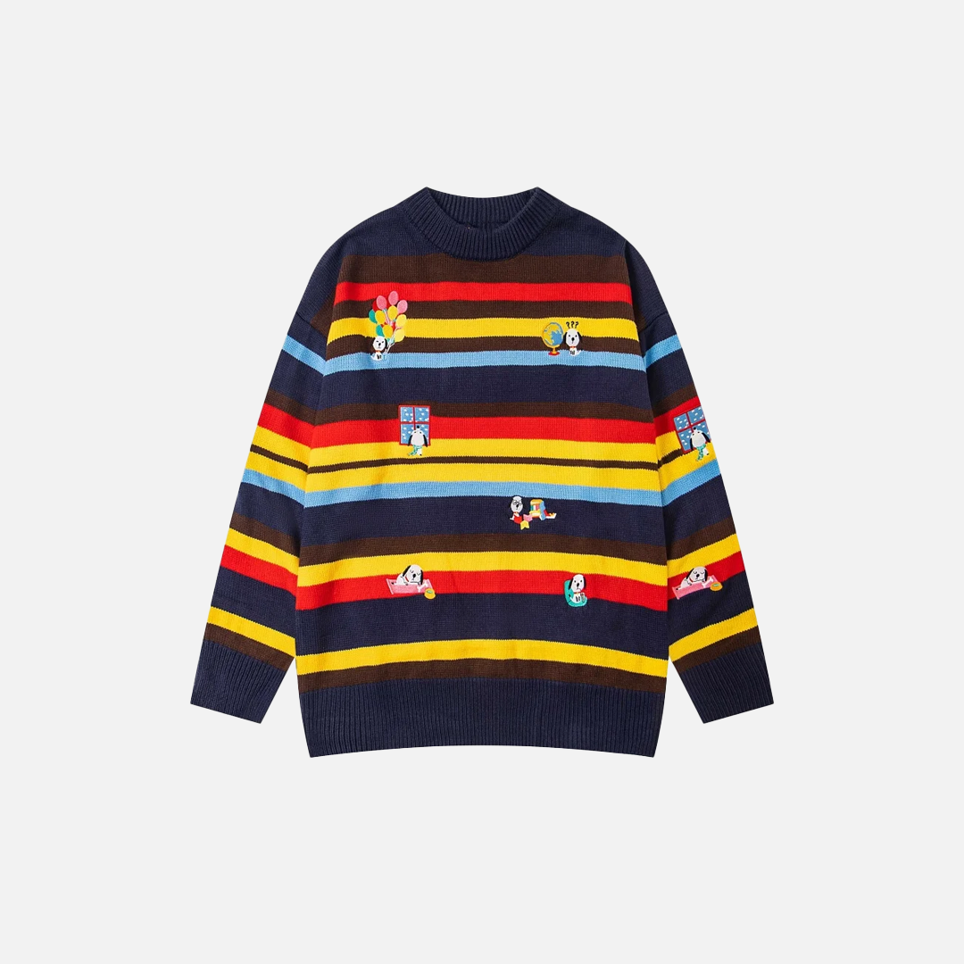 Embroidered Crew Neck Collar Contrast Paneled Striped Sweater - Luxuryurbanwear