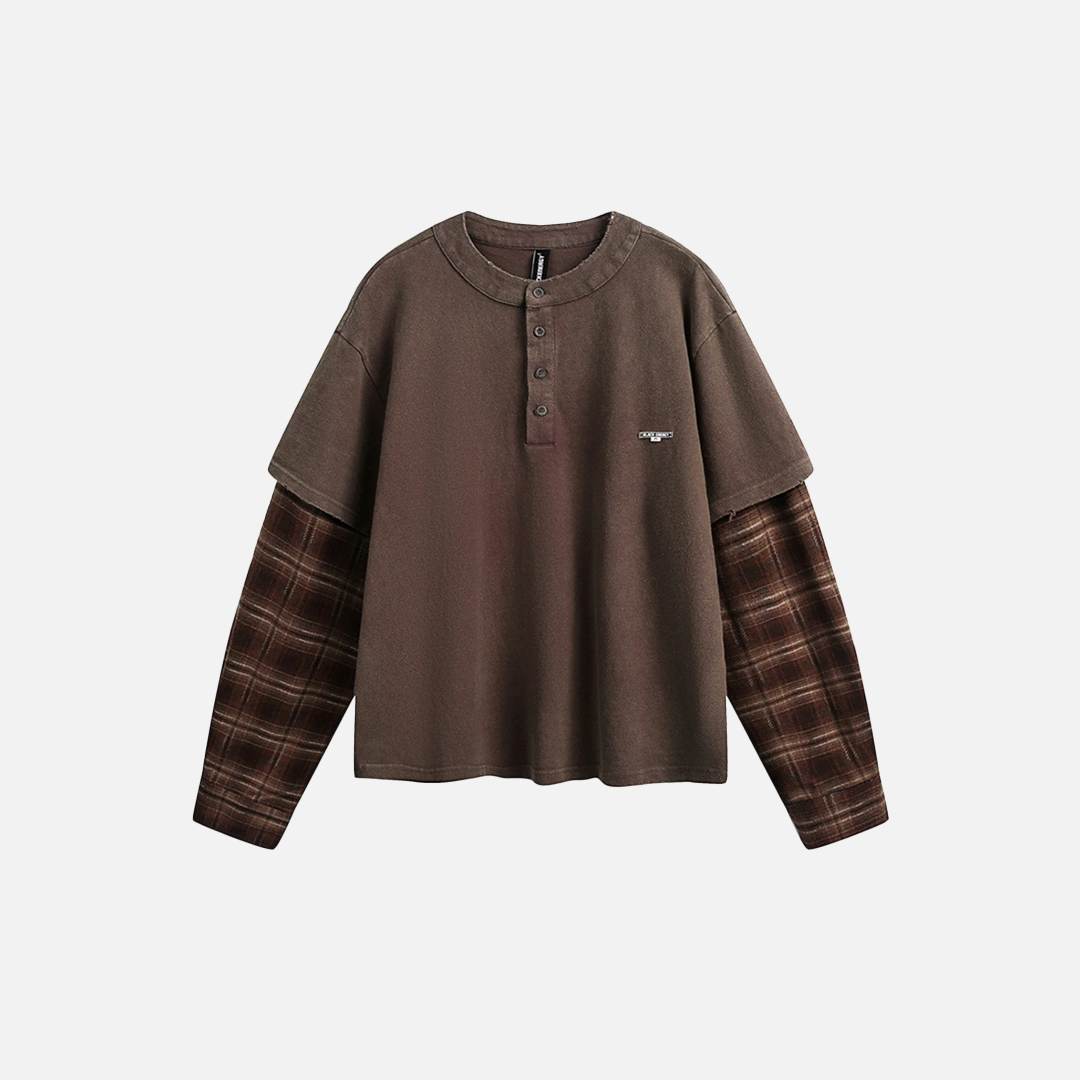 Plaid Patchwork Fake Two-Piece Long Sleeve T-Shirt - Luxuryurbanwear
