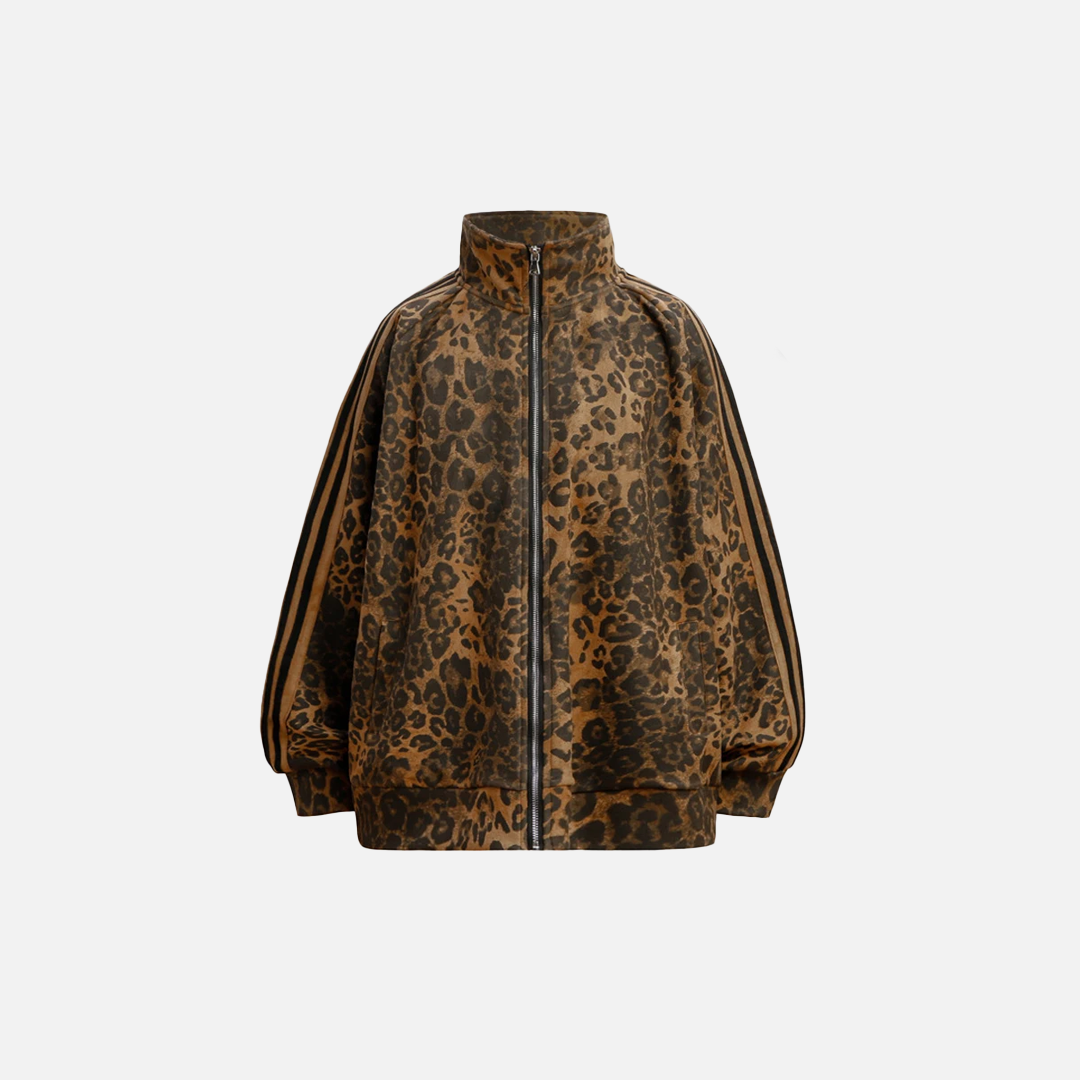 Leopard Zipper Retro Stand-Up Collar Suede Jacket - Luxuryurbanwear