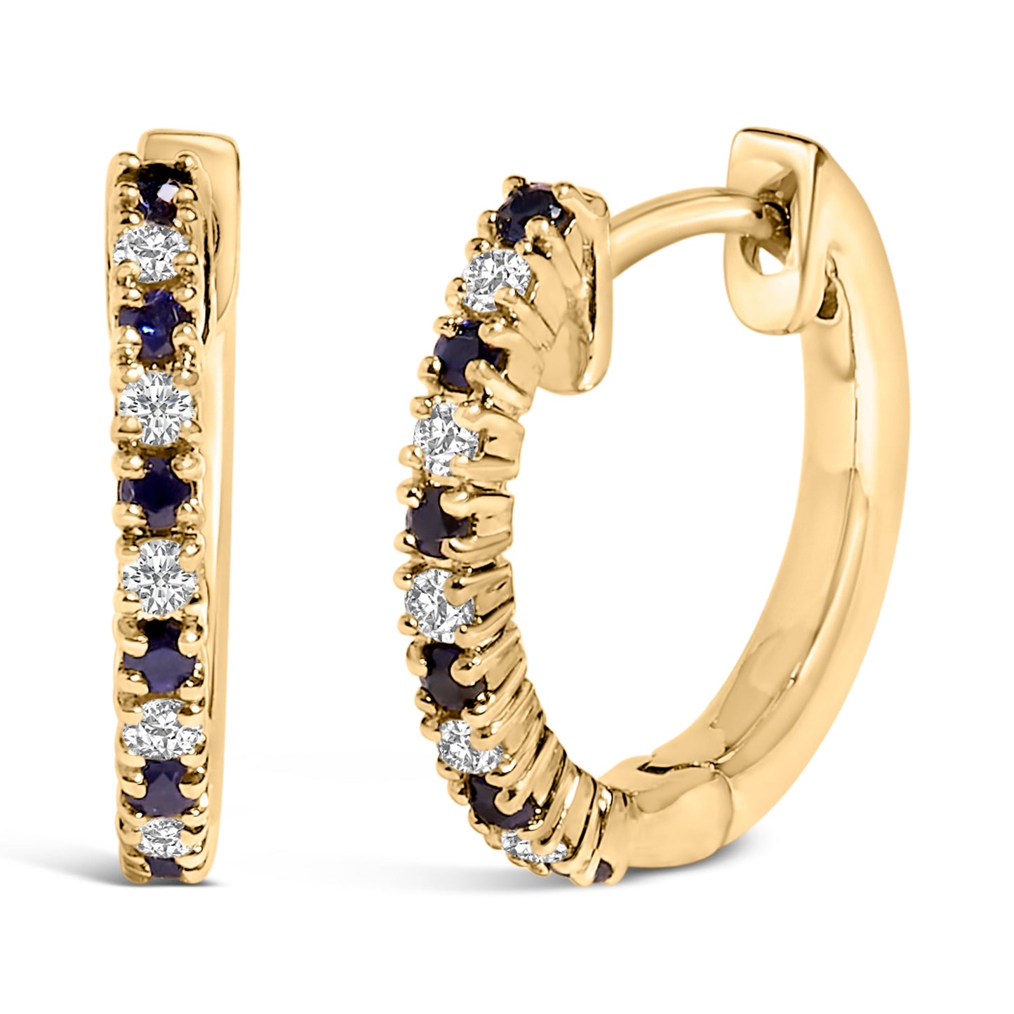 10K Yellow Gold Alternating Blue Sapphire 1/10 Cttw Diamond Huggy Hoop Earrings (I-J Color, I1-I2 Clarity)